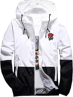 Men's Rose Floral Windbreaker Hooded Jacket Lightweight Casual Full Zip Flower Coat