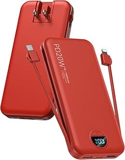 Portable Charger Power Bank, 10000mAh PD20W USB C Fast Charging with Built-in Cables & Wall Plug, 5-in-1 Battery Pack with LED Display, Ultimate Travel Essential for iPhone, iPad, Samsung Red