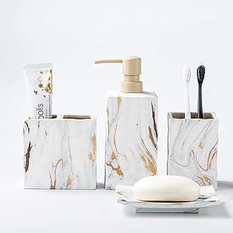 Bathroom Accessories Set 4 Pcs Marble Look Sets Toothbrush Holder Soap Dispenser Counter Top Ceramic Bathroom Decor Set Gold
