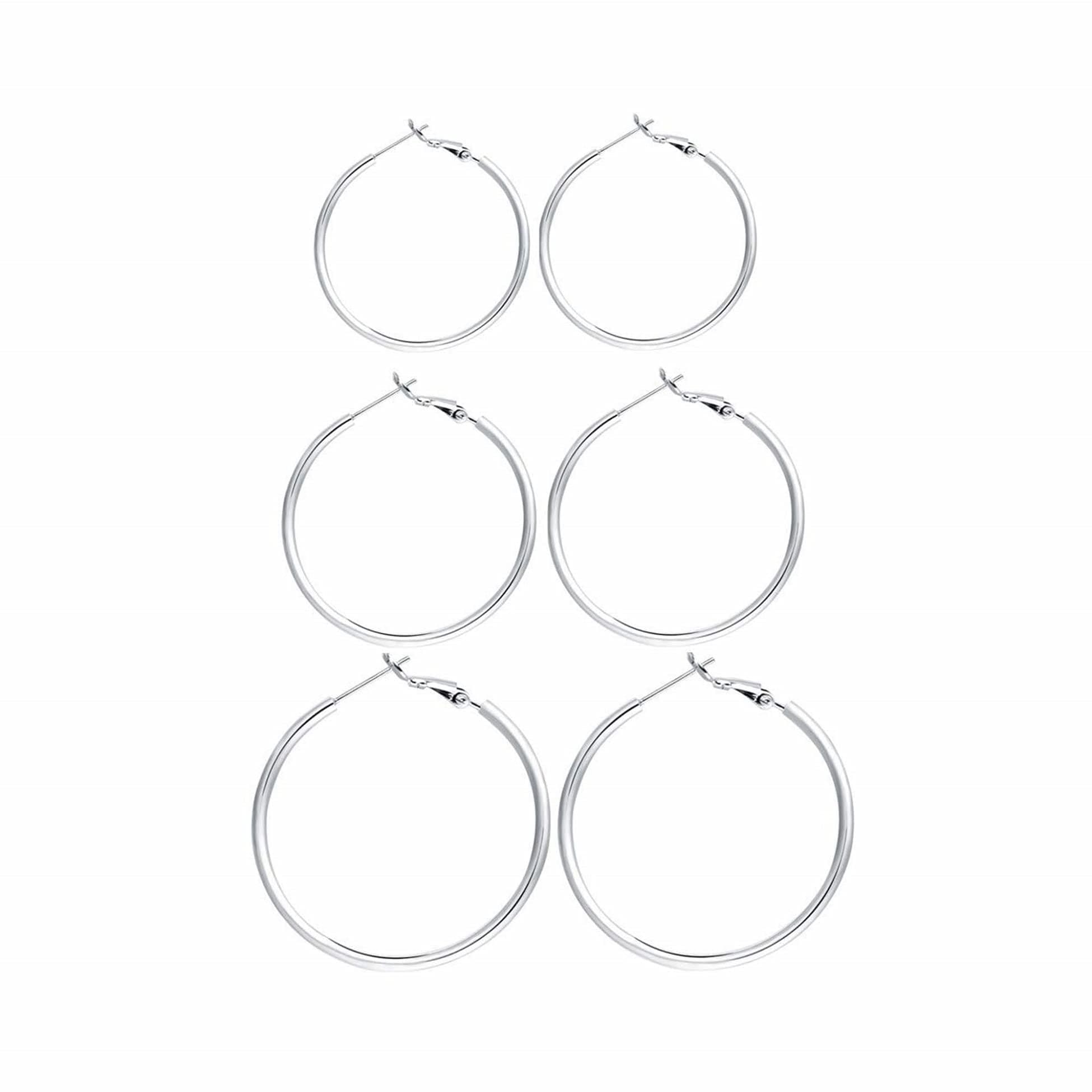 3 Pairs Sterling Silver Hoop Earrings, 14K White Gold Plated Big Hoop Earrings Set for Women 40 50 60MM