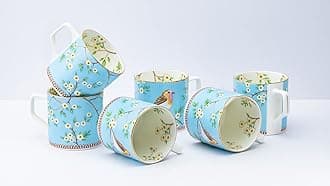 GOLDEN QUEEN'S Handcrafted Tea Cups - Set of 6 | Ideal for Everyday Tea and Coffee, Enhancing Your Daily Rituals - Blue Birdie
