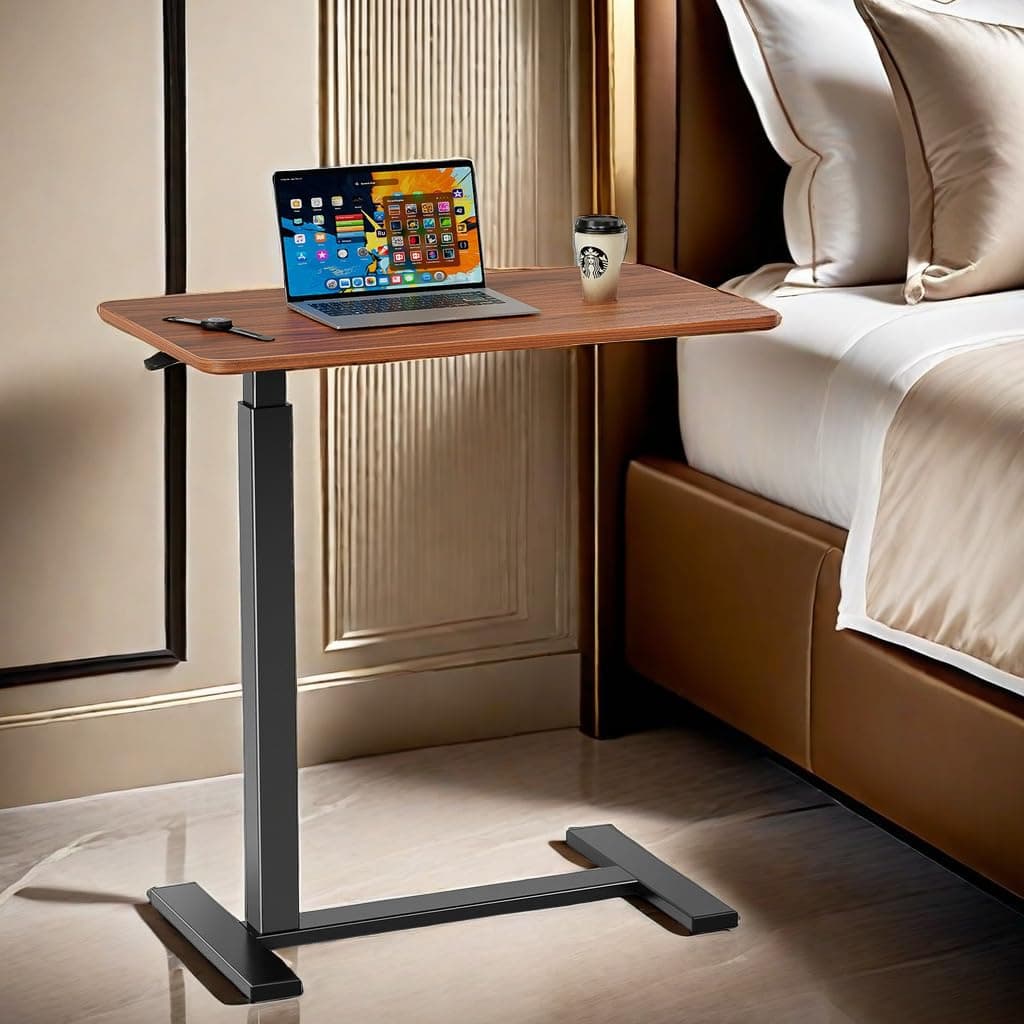 Overbed Bedside Table with Wheels, Mobile Standing Desk Adjustable Height, Modern Portable Rolling Bed Table for Laptop Computer Writing, Hospital & Home Use, Brown