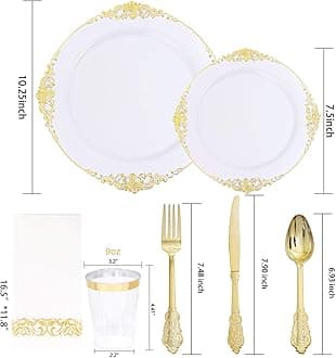 Nervure 175PCS White and Gold Plastic Plates - Disposable Dinnerware Set Include 50 Gold Plates for Dinner and Dessert, 75 Cutlery, 25Cups 25Napkins for Wedding & Party & Thanksgiving