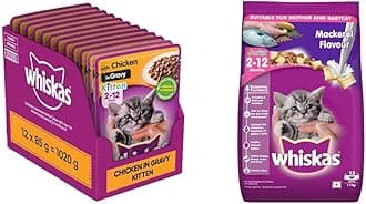 Whiskas Wet Food for Kittens (2-12 Months), Chicken in Gravy Flavour, 12 Pouches (12 x 85g) & Kitten (2-12 Months) Dry Cat Food, Mackerel Flavour, 1.1kg Pack