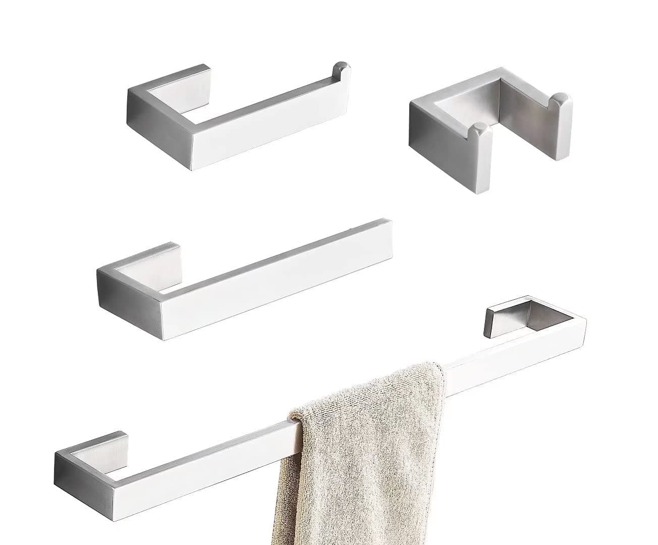 Towel Bar Set, 4Pcs Bathroom Hardware Accessory Set Brushed Nickel, SUS304 Stainless Steel Bath Hardware Set, Towel Rod with Toilet Paper Holder, Towel Bar and Double Robe Hook.