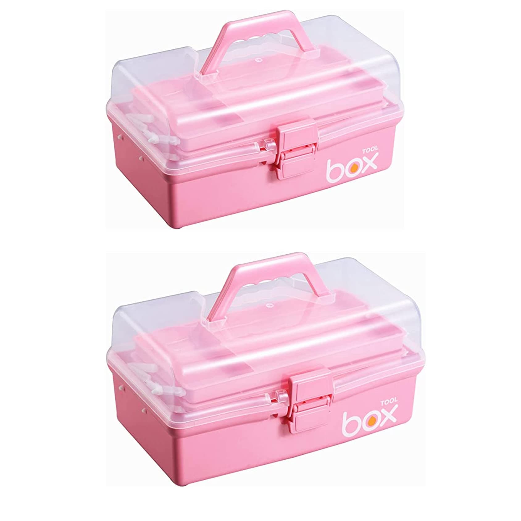 2PCS 12'' Three-Layer Clear Plastic Storage Box/Tool Box, Multipurpose Organizer and Portable Handled Storage Case for Art Craft and Cosmetic (Pink)