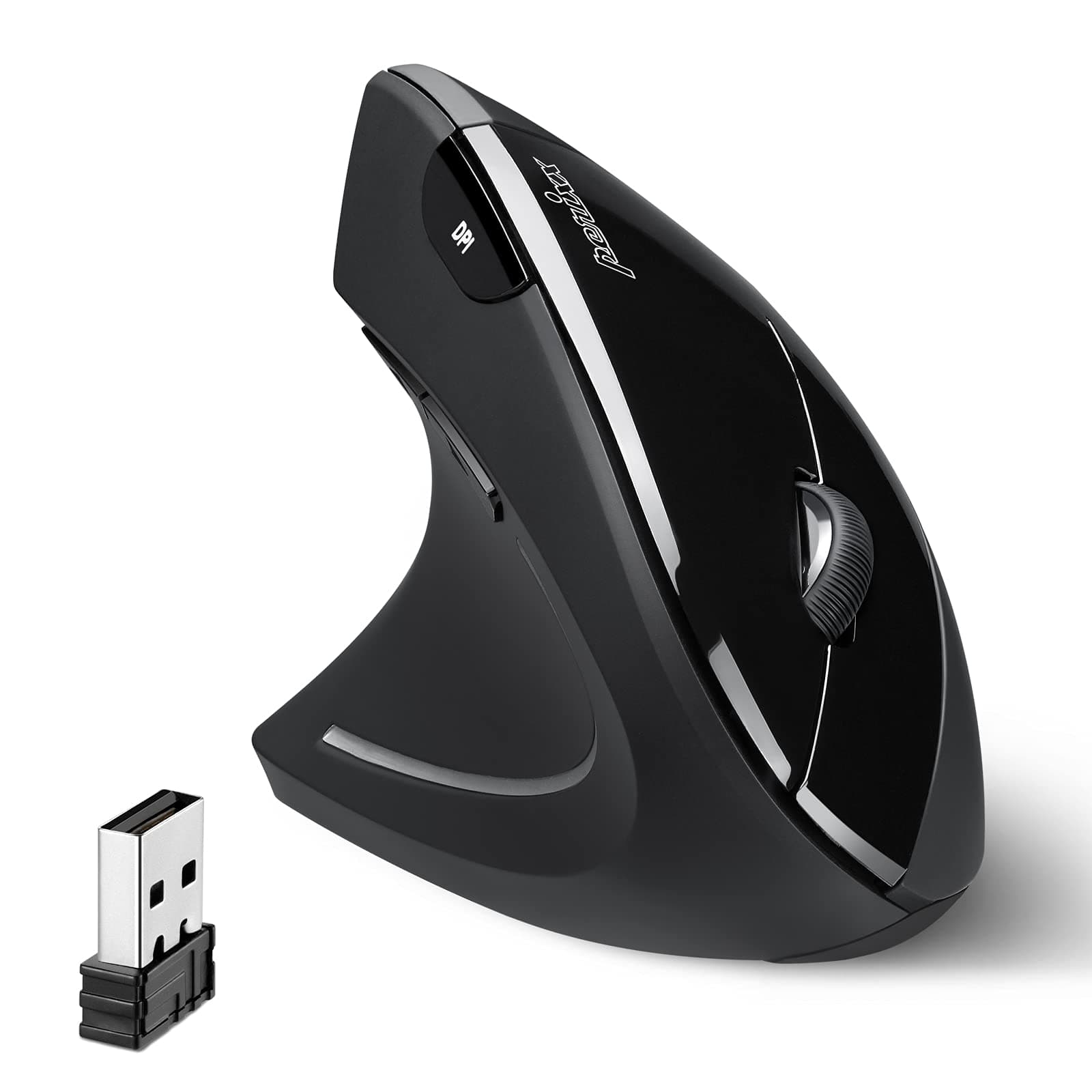 PERIMICE-713L, Wireless Ergonomic Left Handed Vertical Mouse, 6 Buttons Design, 3 Level DPI, Black, Medium
