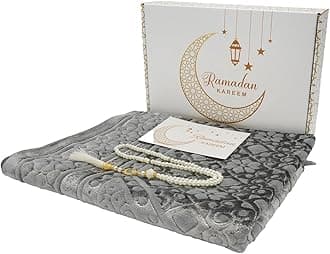 Modefa Muslim Prayer Rug - Ramadan Gifts Set with Prayer Mat & Tasbih Prayer Beads - Soft Plush Islamic Gifts for Women Muslim Gifts for Men - Luxury Velvet Gift Box Set (Floral Stamp Silver Grey)
