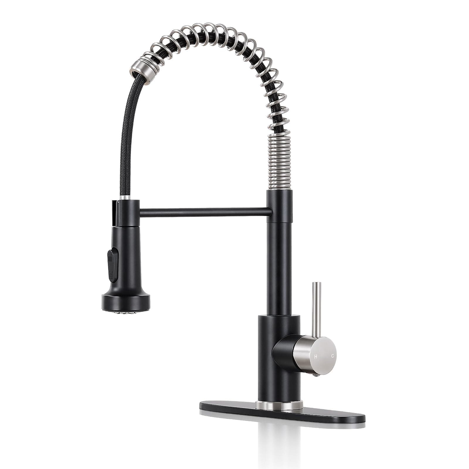 DJS Kitchen Faucets with Pull Down Sprayer Matte Black & Brushed Nickel High Arc Single Handle 1 or 3 Holes Spring Kitchen Sink Faucet with Deck Plate for Farmhouse RV Vessel Basin