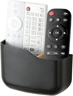 SUNFICON Adhesive Remote Control Holder Wall Mount Media Player Controller Holder Universal TV Remote Organizer Caddy Box Tray Hollow Bottom Slot Easy Phone Charging Home Office Desk Nightstand Black