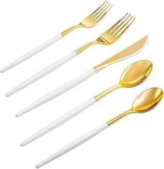 Rubtlamp 96 Pcs Gold Plastic Silverware, Gold Plastic Utensils with White Handle, Cutlery Set Disposable Includes: 32 Knives, 32 Plastic Spoons And 32 Forks for Wedding And Party