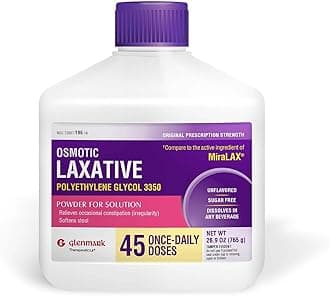 Glenmark Therapeutics Polyethylene Glycol 3350 Powder, Osmotic Laxative, 45 Daily Doses, Softens Stool, Relieves Occasional Constipation, Powder for Solution, 26.9 Ounce