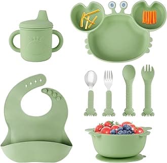 Silicone Baby Feeding Set with BPA-Free Suction Plates, Bowl, Silicone Bibs, Sippy Cup, 2 Set Forks and Spoons for Babies 8PCS Baby Led Weaning Supplies Self Feeding Utensils for Toddlers Kids (Green)