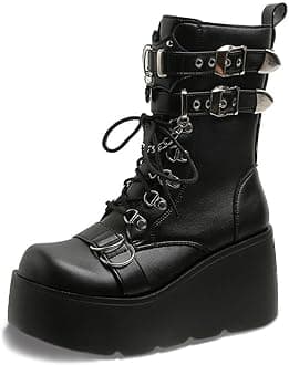 ZKXYFFS Platform Ankle Boots for Women Chunky High Heel Booties Goth Round Toe Combat Wedges Boots Buckle Studded Motorcycle Booties