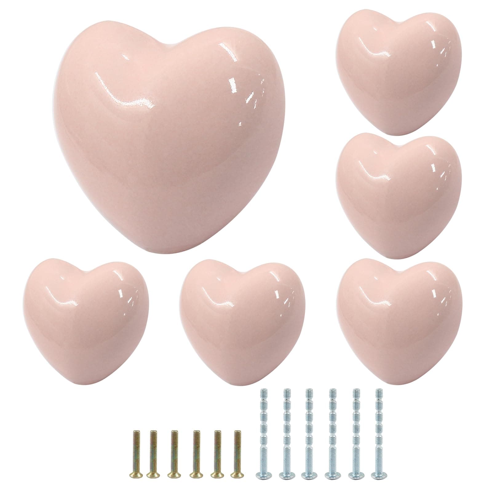6pcs Light Pink Ceramic Knobs, Heart Shape Ceramic Drawer Knobs, Kitchen Cabinet Knobs Pulls, Decorative Ceramic Pull Knob Handles for Closet, Cupboard, Furniture Door Knobs