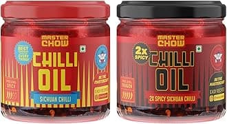 MasterChow Combo Of Mild Chilli Oil Sauce&Double Trouble 2X Spicy Sichuan Chilly Oil Sauce(New Launch)|Made With Sichuan Peppercorns,Crunchy Garlic & Red Chilies|Eat With Momos,Pizza,Noodles (340 Ml)