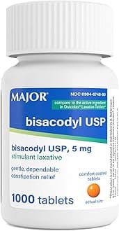 Major Bisacodyl 5 mg - Comfort Coated Stimulant Laxative for Gentle, Dependable, Constipation Relief - 1000 Tablets (1 Pack)