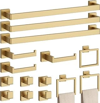 15-Piece Brushed Gold Bathroom Accessories Set – 23.6" Towel Bar, Towel Ring, Toilet Paper Holder & Hooks, Wall Mounted Bathroom Hardware, Rust & Corrosion-Resistant, Ideal for Modern Bathrooms