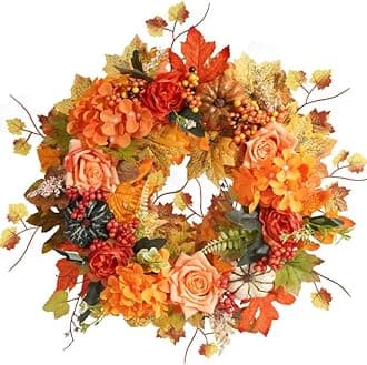 Autumn Hydrangea Pumkins Wreaths for Front Door 40 CM Artificial Fall Door Wreath for Thanksgiving Harvest Decorations Wall Window Party Wedding Decor Indoor Outdoor (Metallic)