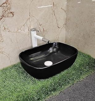 BASSINO 18x13x6 Inches Ceramic Counter Top Wash Basin/Black Basin for Bathroom/Modern Design/Rectangular Shape Tabletop Washbasin for Restaurant/Dining Hall/Living Room/Home(Glossy)