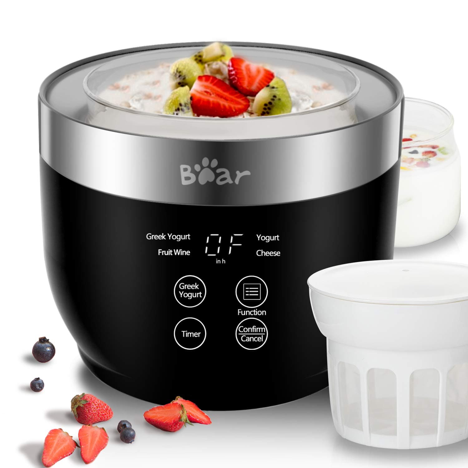 Stainless Steel Yogurt Maker Machine with Timer Control - Automatic Digital Frozen Yogurt Maker with 2 Glass Jars (1 Quart Each) and Strainer for Home Organic