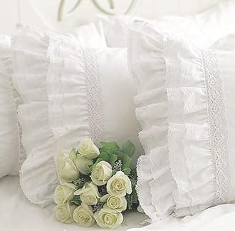Queen’s House White Embroidery Lace Pillow Cases Cotton Vintage Ruffled Pillow Shams Standard Size Set of 2