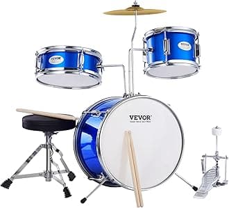 VEVOR Kids Drum Set, 14 in 3-Piece Beginner Junior Drum Set with Adjustable Throne, Two Pairs of Drumsticks, Cymbal, Pedal，Tom Snare Bass, Starter Drum Kit for Children, Blue