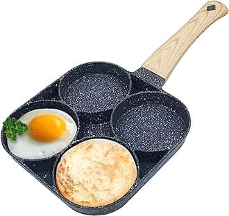Non Stick Frying Pan 4 Hole Ceramic Pan for Cooking Egg Frying Pan with Wooden Handle Small Non Stick Omelette Pan Iron Cooking Pans for Kitchen (1pcs) (Black)