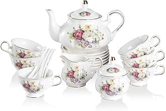 Sweejar Porcelain Tea Set Vintage Floral, British Relief Gold Rim Teapot Cup and Saucer Sets, 22-Piece Tea Sets for Adults, with Teapot, Sugar Bowl, Milk Jug, Spoons, Cup and Saucer (Flower Style)