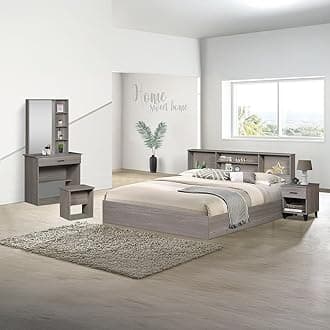 Gamorah 5 Pieces Bed Set King Size + Night Stand + Dresser And Stool With Mirror | Comfortable Bedset Full | Sturdy Modern Design Wooden Bed Room Set Furnitures (Grey, King)