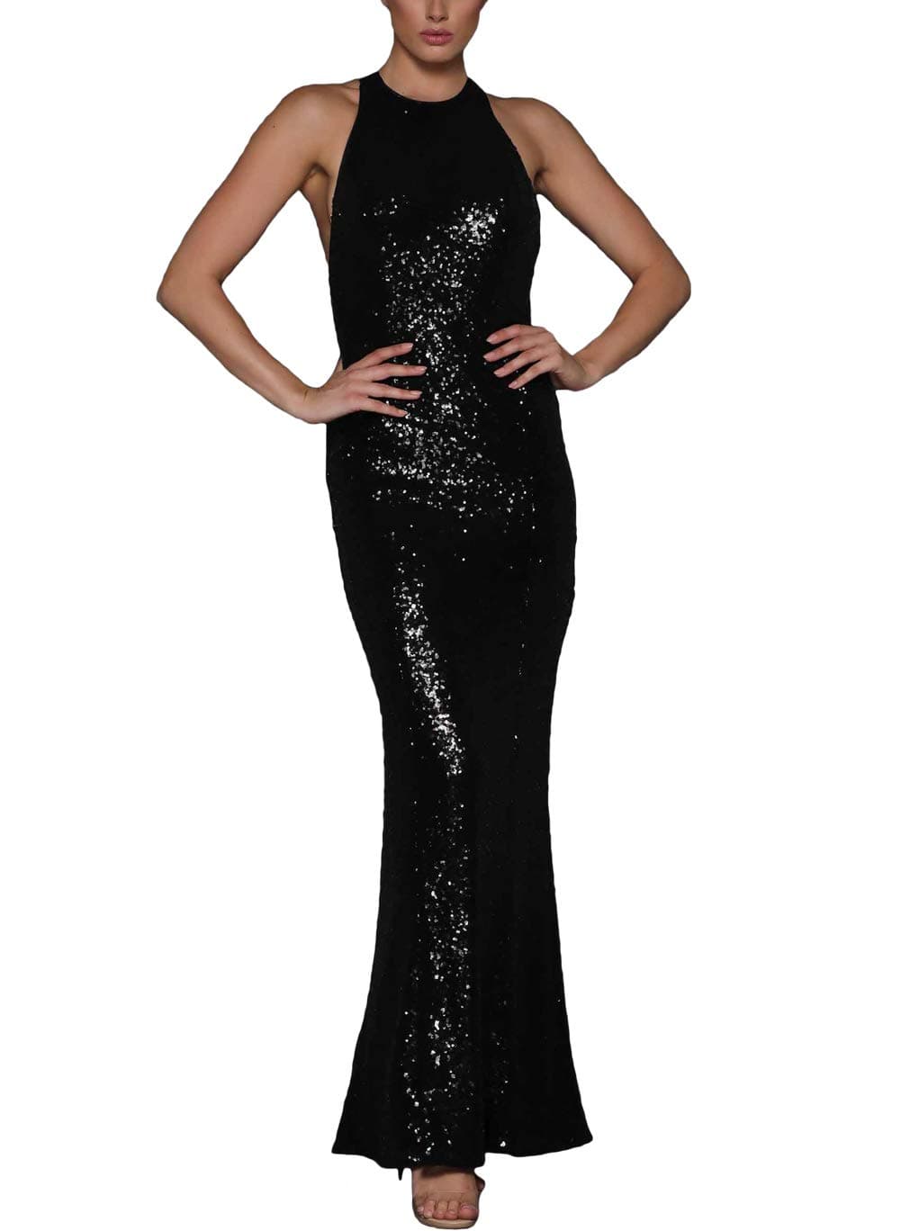 made2envy Crossover Low Back Sequin Gown