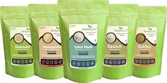 Herbal Spirit Aswagandha, Safed Musli, Kauch Ka Beej, Satavri Powder Powder with Gokhru Powder | Ashwagandha Safed Musli Kaunch Beej Shatavari with Gokshura Powder | 100gm each (Pack of 3)