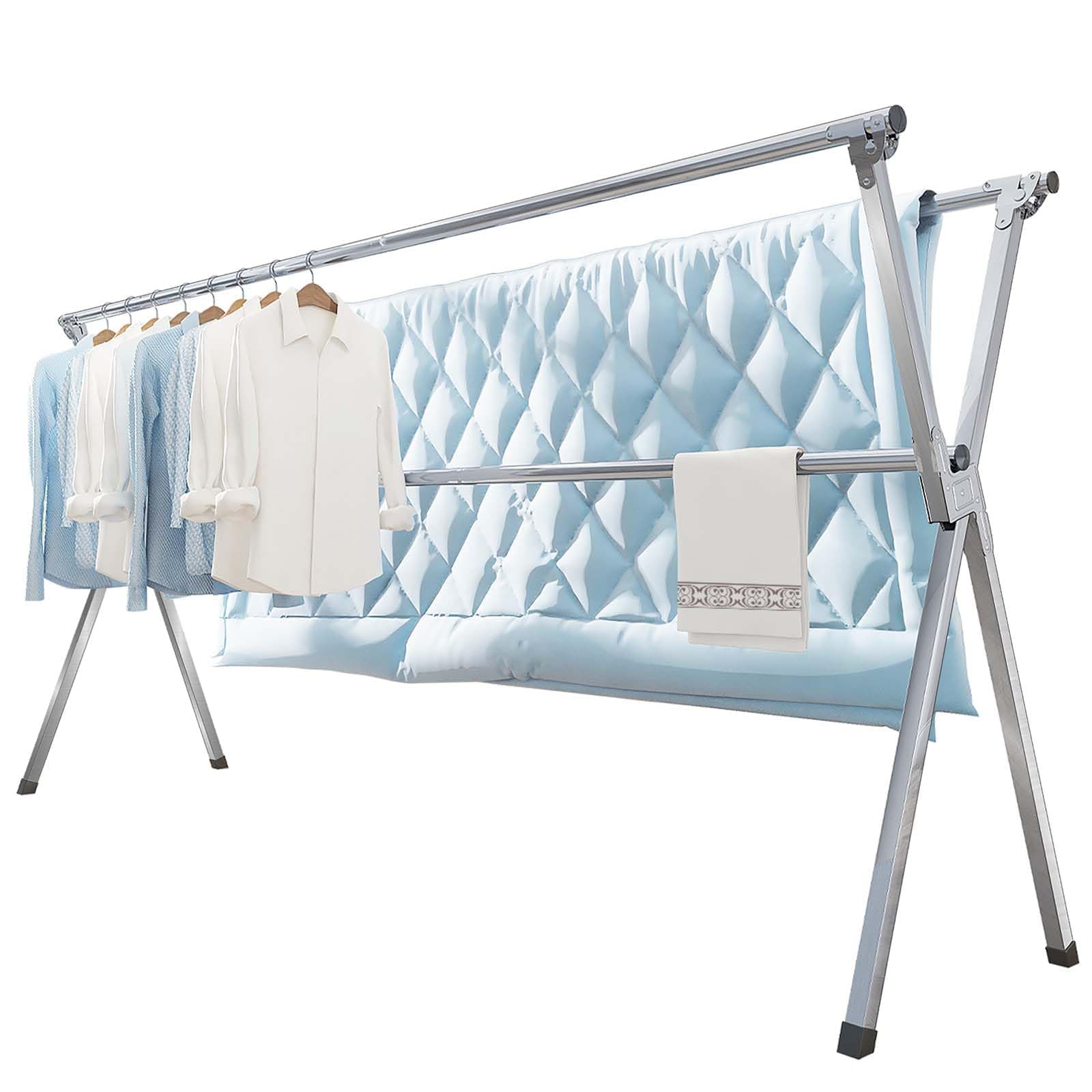 Clothes Drying Rack 95 Inches Folding Indoor Outdoor, Drying Rack Clothing Collapsible, Foldable Portable Laundry Drying Rack, Heavy Duty Stainless Steel Clothesline, 20 Hooks 12 Clips