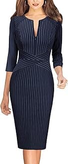 VFSHOW Womens Slim Zipper Up Work Business Office Party Bodycon Pencil Sheath Dress, Navy Blue and White Striped, Medium