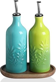 Sweejar Ceramic Olive Oil Dispenser Bottle, 20 Oz Relief Opaque Oil Cruet Protects To Reduce Oxidation, Suitable for Storage, Vinegar, Soy Sauce,Liquids,Set of 2 (Gradient Blue Gradient Green)