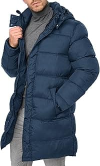 Karlywindow Mens Hooded Puffer Coat Parka Quilted Down Coat Long Warm Winter Thicken Padded Jacket
