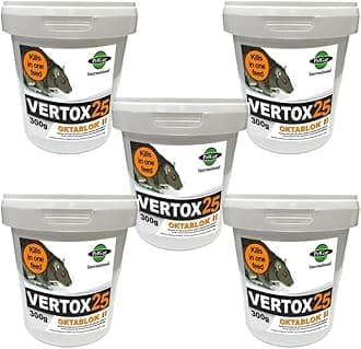 Rat Poisoning Blocks Mouse Bait Blocks Single Feed Rodent Killer Block Max Strength Fast Acting All Weather Bait Block 5 Tubs (VERTOX OKTABLOK ll- 300g).
