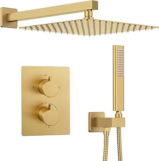Iriber Thermostatic Shower System Wall Mount with 12 Inch Rainfall Shower Head and Handheld Bathroom Champagne Bronze Shower Set Contain Shower Faucet Mixer Trim Kit (Valve Included),Brushed Gold
