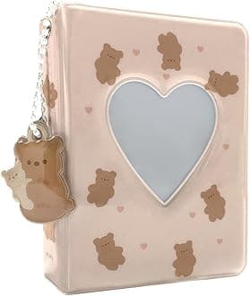 3 Inch Mini Photo Album, Heart Hollow Card Binder Photo Card Holder with Pendant 40 Pockets (beige bear)