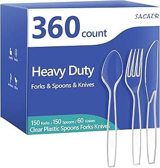 SACATR 360 Count Plastic Silverware Heavy Duty - Forks, Spoons, Knives, BPA-Free, Disposable Utensils Set, Plastic Cutlery Set, Plasticware for Wedding Party