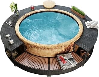 CHARMMA Round Spa Surround, Inflatable Hot Tub Step, Poly Rattan Spa Pool Enclosure with Storage Area, Outdoor Massage Hot Tub Frame for Backyard/Patio, Black, 111.4 x 111.4 x 21.7