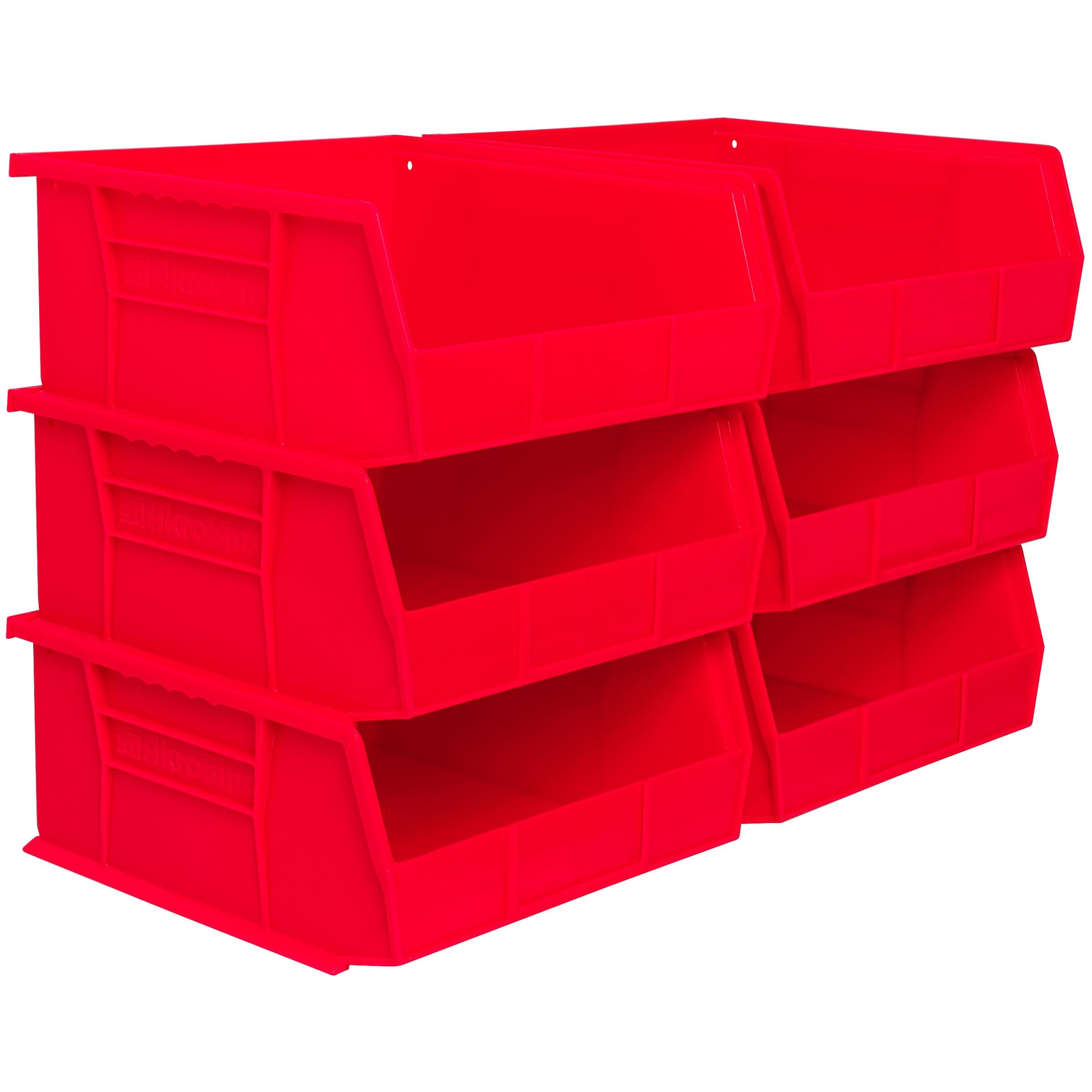 Akro-Mils 30235 AkroBins Plastic Storage Bins, Space-Saving Stackable Bins for Garage, Pantry, Craft Organization, 11" x 11" x 5", Red, 6-Pack