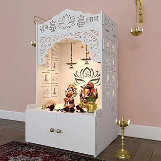 WALLMANTRA Lotus Pattern MDF Wood Temple with Spacious Shelf & Inbuilt Focus Light- White