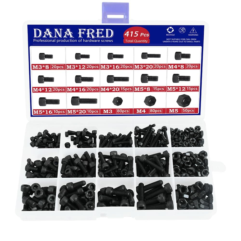 Hex Socket Head Cap Screws Nuts Kit 415pcs Black 12.9 Class Metric Thread Allen Hexagon Machine Bolt Nuts Metal Standard Fastener Hardware Alloy Steel Assortment Kit for Mechanical Components M3 M4 M5