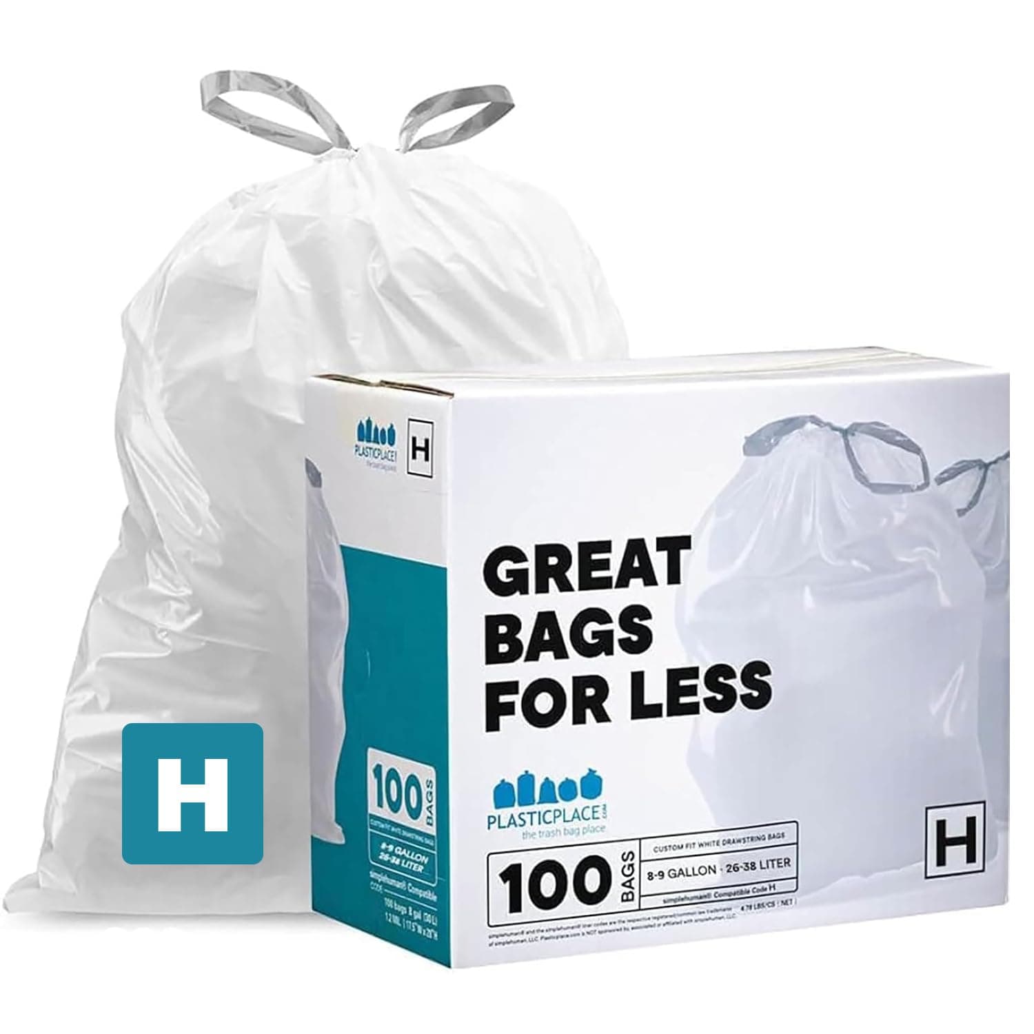 Plasticplace Trash Bags, Compatible with Simplehuman Code H, 8-9 Gallon Trash Can Liners, White Drawstring Garbage Bags, 100 Count Heavy Duty