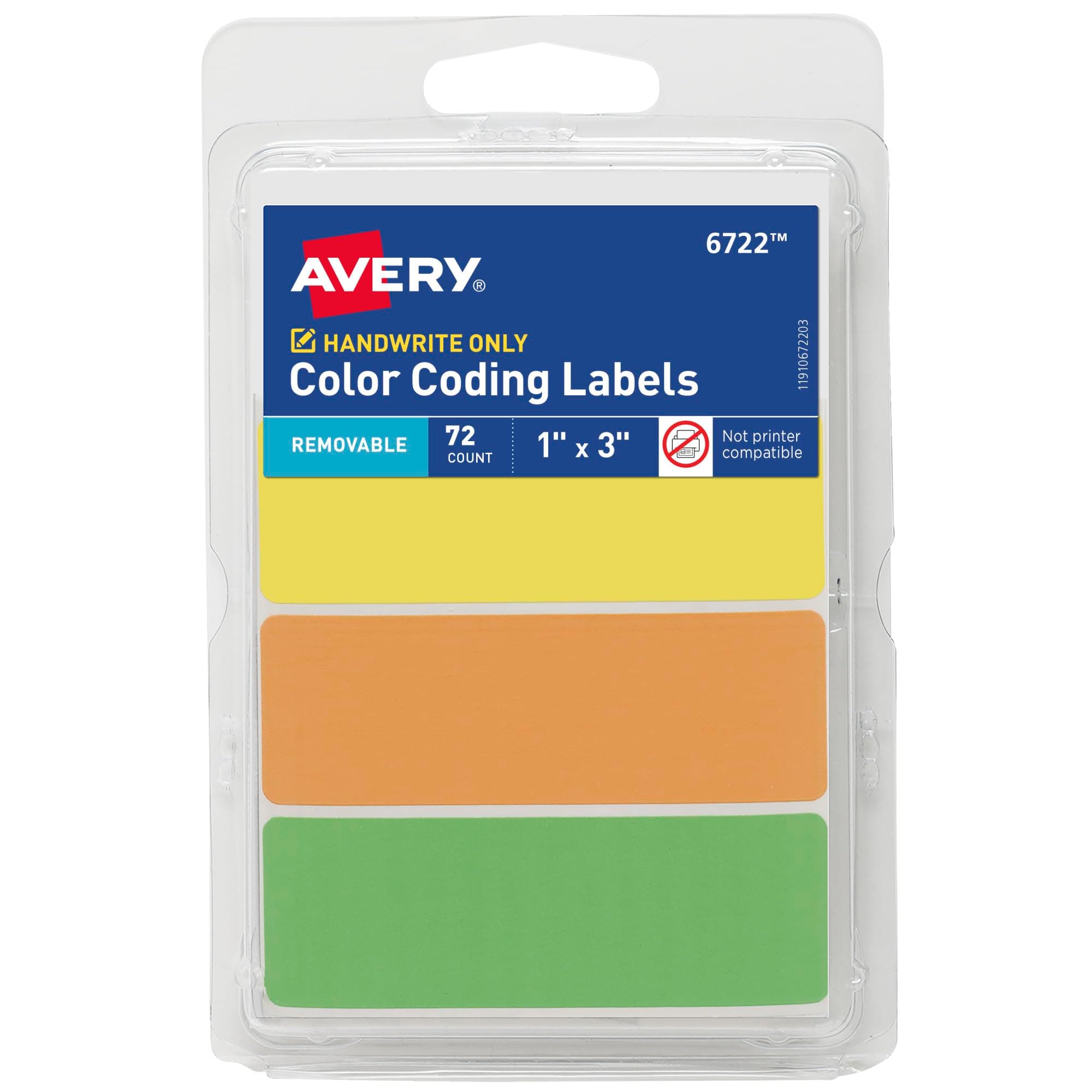 Avery Color-Coding Removable Labels, 1" x 3", Assorted Neon Colors, Non-Printable, 72 Blank Labels Total (6722)