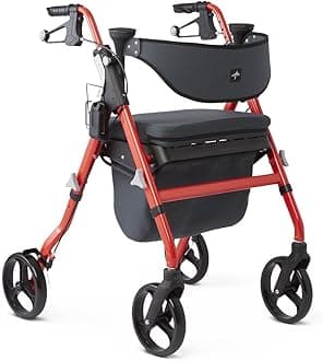 Medline Premium Empower Rollator Walker with Seat, Comfort Handles and Thick Backrest, Folding Walker for Seniors, 8" Wheels, Red Frame