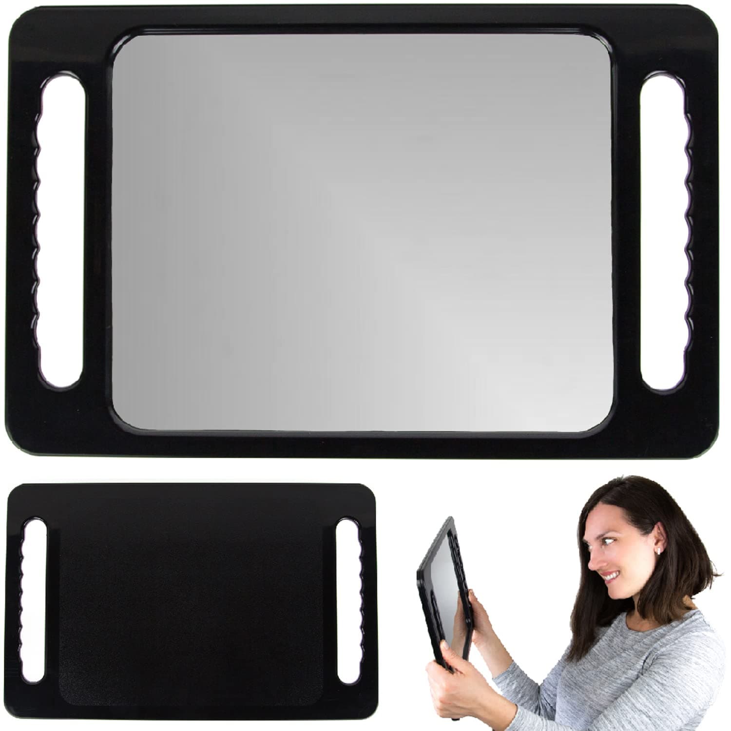 Large Rectangular Hand Mirror with Double Handle - 11.4 x 9 Inches, Black Frame, Standing/Leaning