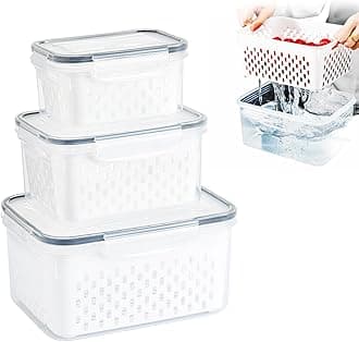 VAODO Food Storage Containers with Drainage Basket, Food Fresh Box, Fridge Vegetable Storage Containers, for Fruits, Salads, Lettuce, Berries, set of 3