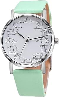 Pepisky Animal Dial Palte Cute Cat Design Wrist Watch Fashionable Quartz Movement Adjustable Pin Buckle Band for Girl Kids Chidren Present Gift Mint Green